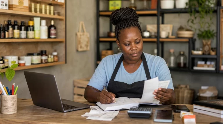gpt-image-2_A_realistic_photograph_of_an_African_small_business_owner_reviewing_business_rec-0