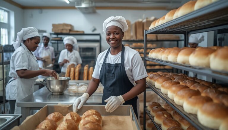 African bakery employees following a clear production process in a small business.