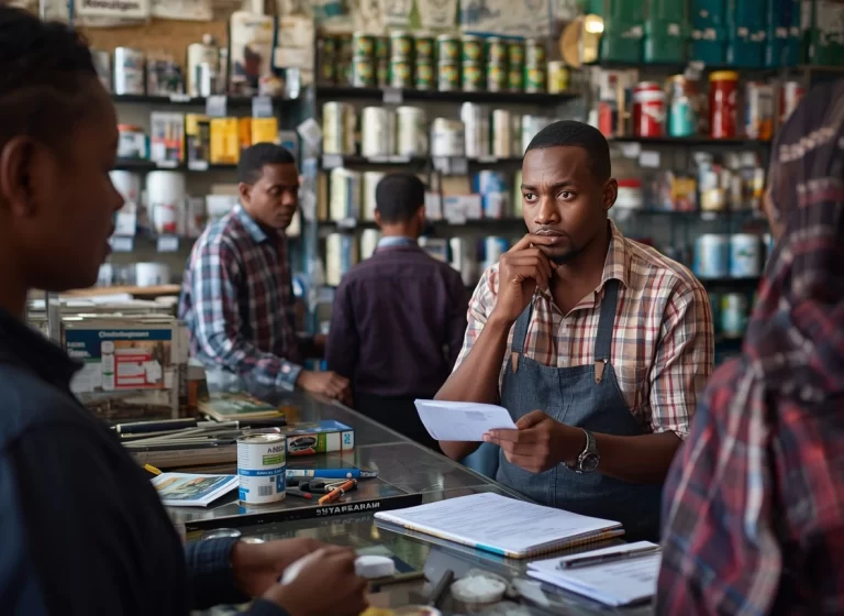 African hardware shop owner reviewing cash flow records after a busy day of sales in a retail store.